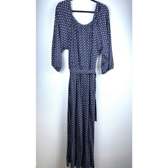 NWT Sz XL Garnet Hill LS Elas Nck Blue Prnt Waistbnd Tie Pkts Wide Leg Jump Suit - Picture 7 of 15